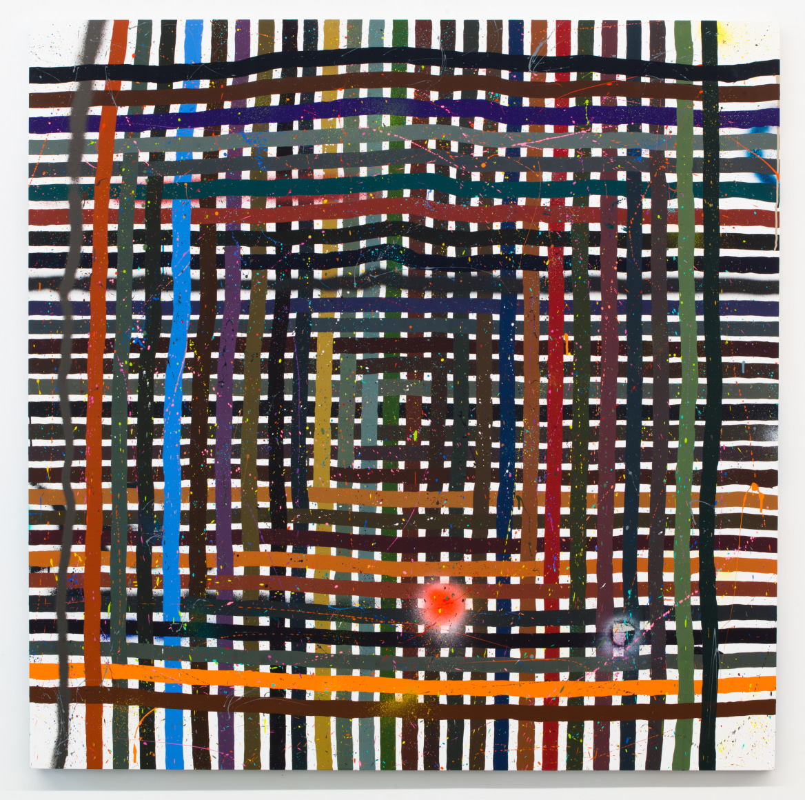Untitled, 2017, Spray paint, latex paint, pencil and crayon on wood, 60 x 60 inches