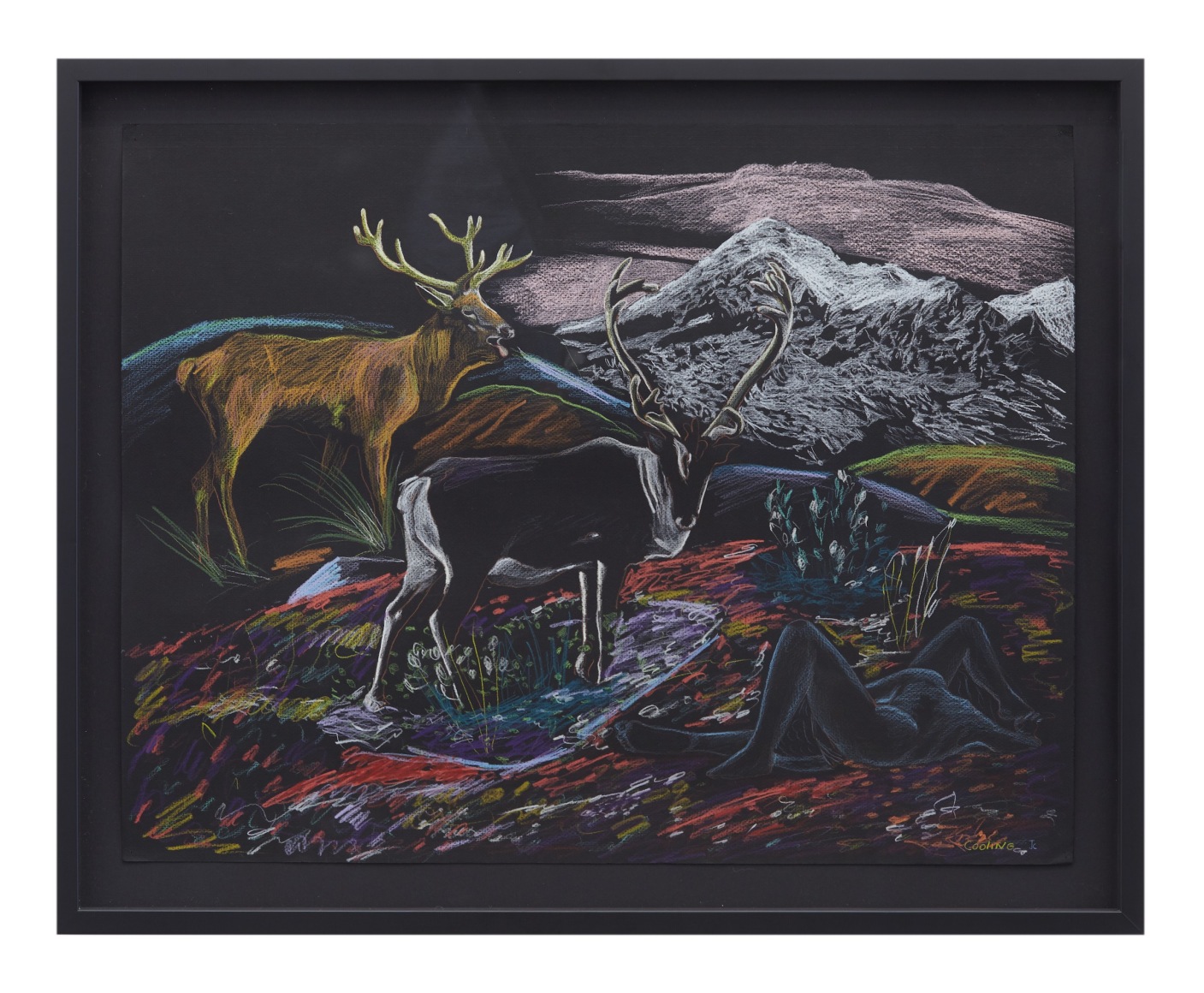 Pencil sketch of mountain and animals, tundra landscape