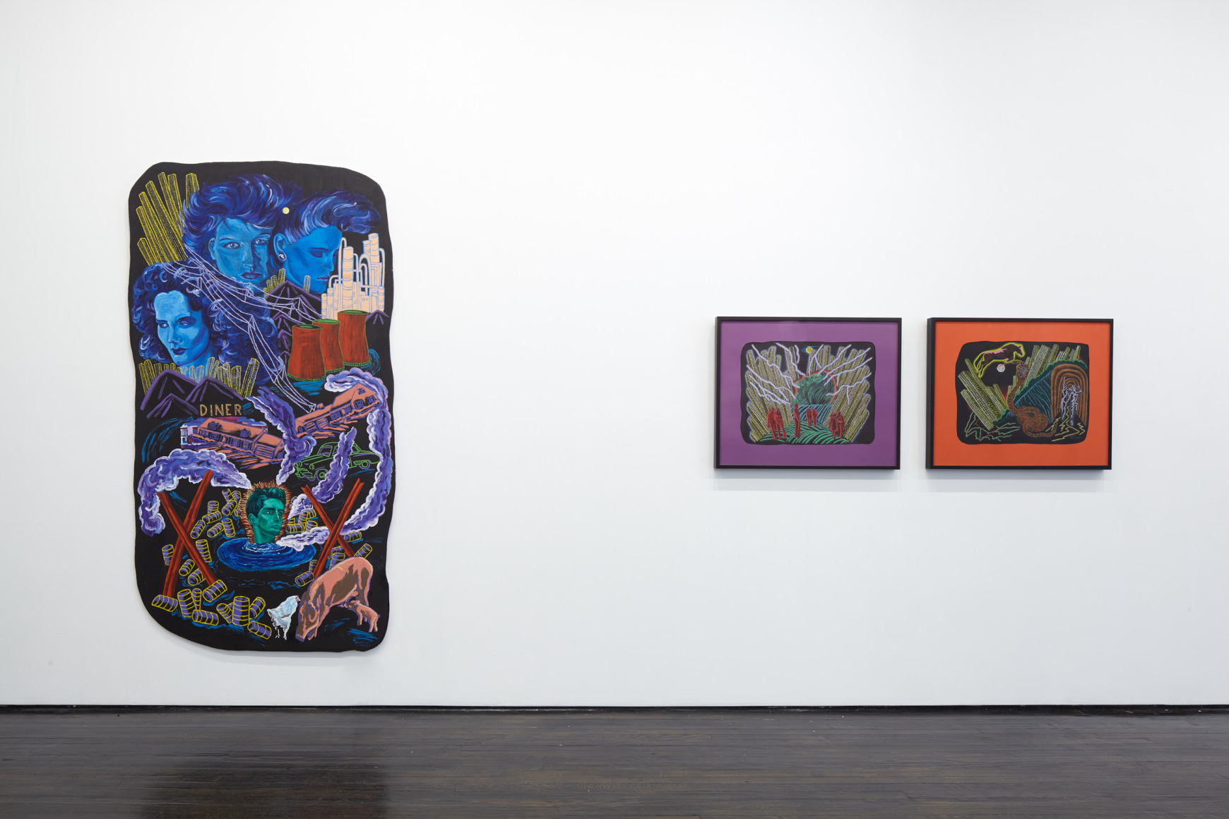 Gallery view of shaped board piece and two pencil works