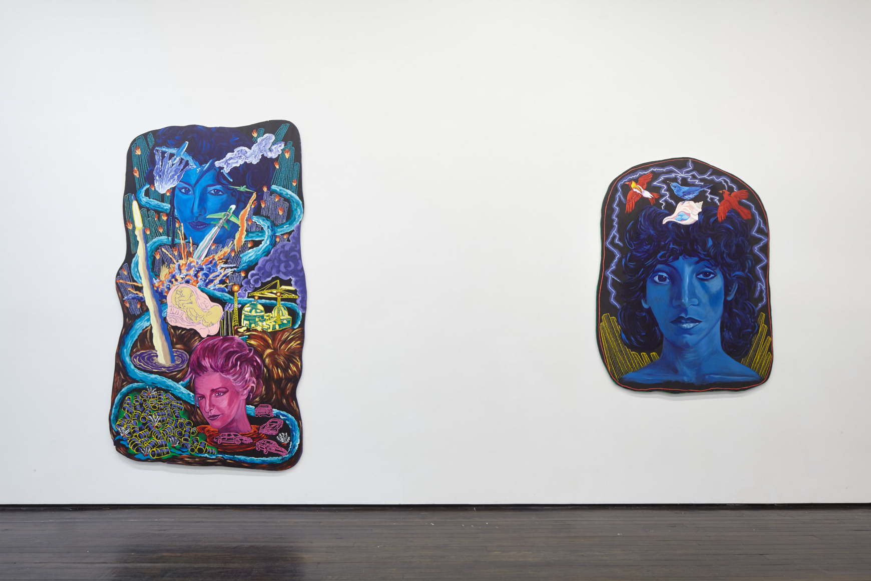Gallery view of two works on shaped board