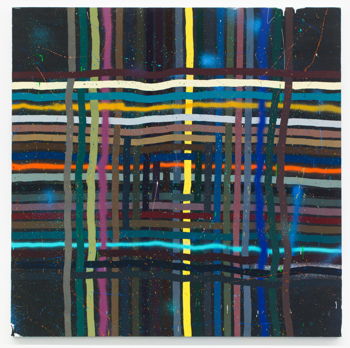 Untitled, 2017, Spray paint, latex paint, pencil and crayon on wood, 60 x 60 inches