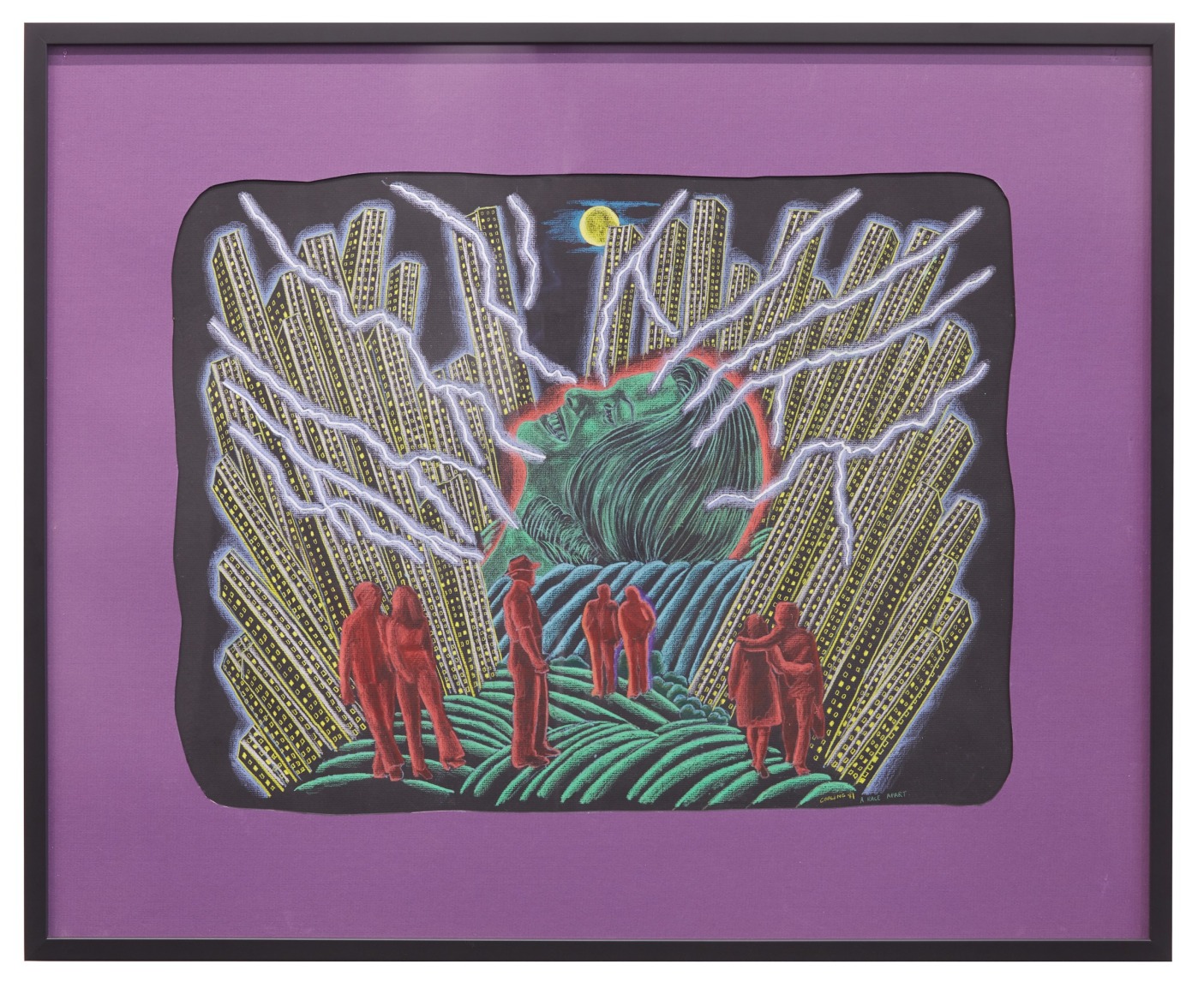 Drawing of persons standing amongst electrified cityscape