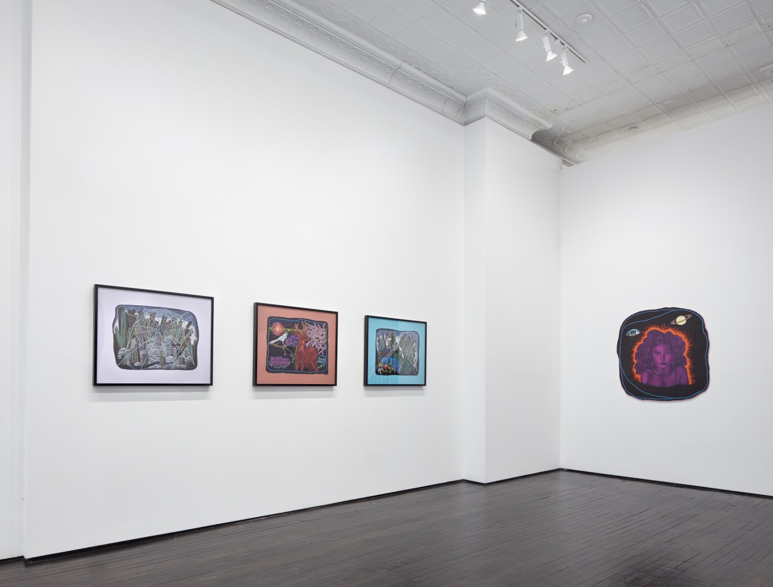 Gallery view of three pencil works and one shaped board piece