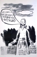 Image of woman with speech bubble, reading 'Welcome to our community everyone here loves God'
