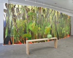 Margaret Lee, jungle flora and fauna painting on gallery wall