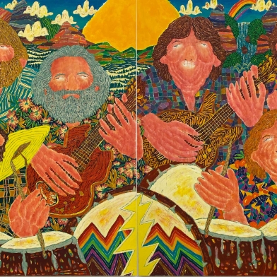 Two panel painting of musicians playing guitar and drums