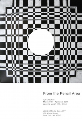 White and black checkered poster, with circle in the middle