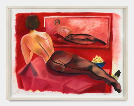 Painting of person reclining and looking in the mirror