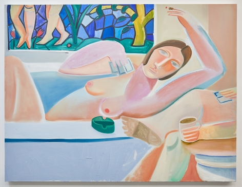 Oil painting of woman in bathtub with cards