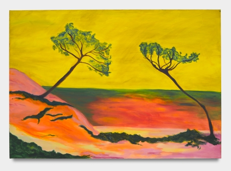 Two trees with yellow sky