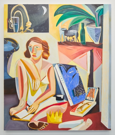 Oil painting of woman sitting surrounded by art