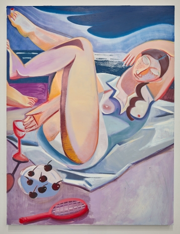 Oil painting of woman on beach with cherries