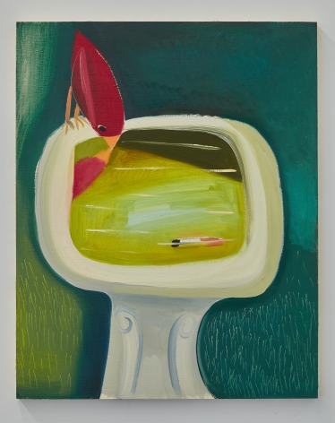 Oil painting of bird standing atop a bird bath