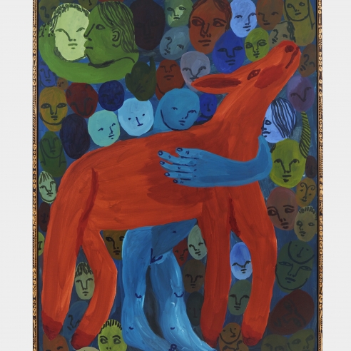 Red donkey being held by blue figure, with artist made frame