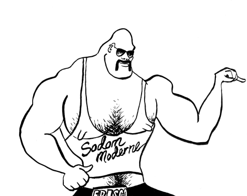 Sketch of man in muscle tee, reading 'sodorn moderne'