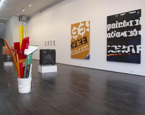 Installation view of large sculptures and paintings 