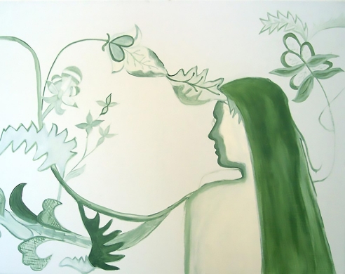Painting, woman outlines in green