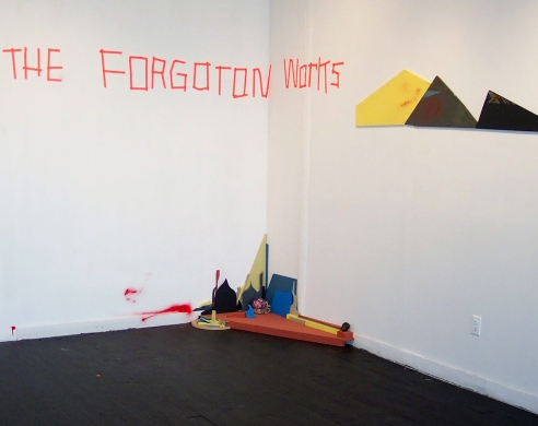 Alicia McCarthy, gallery view with lettering on wall reading 'the forgoton wants'