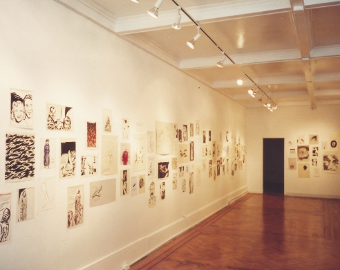 Comic book inspired ink drawings on gallery wall